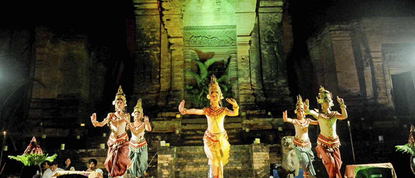 Apsara dancers at Angkor Wat perform for a MICE group with Hanuman Travel. A one off event.
